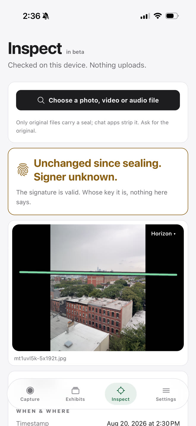 The Inspect screen reading "Unchanged since sealing. Signer unknown." above the photograph with an estimated horizon drawn across it.