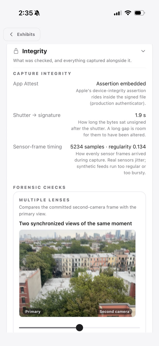 The Integrity card: App Attest assertion embedded, a 1.9 second shutter-to-signature gap, sensor-frame timing, and the two camera views compared with a slider.