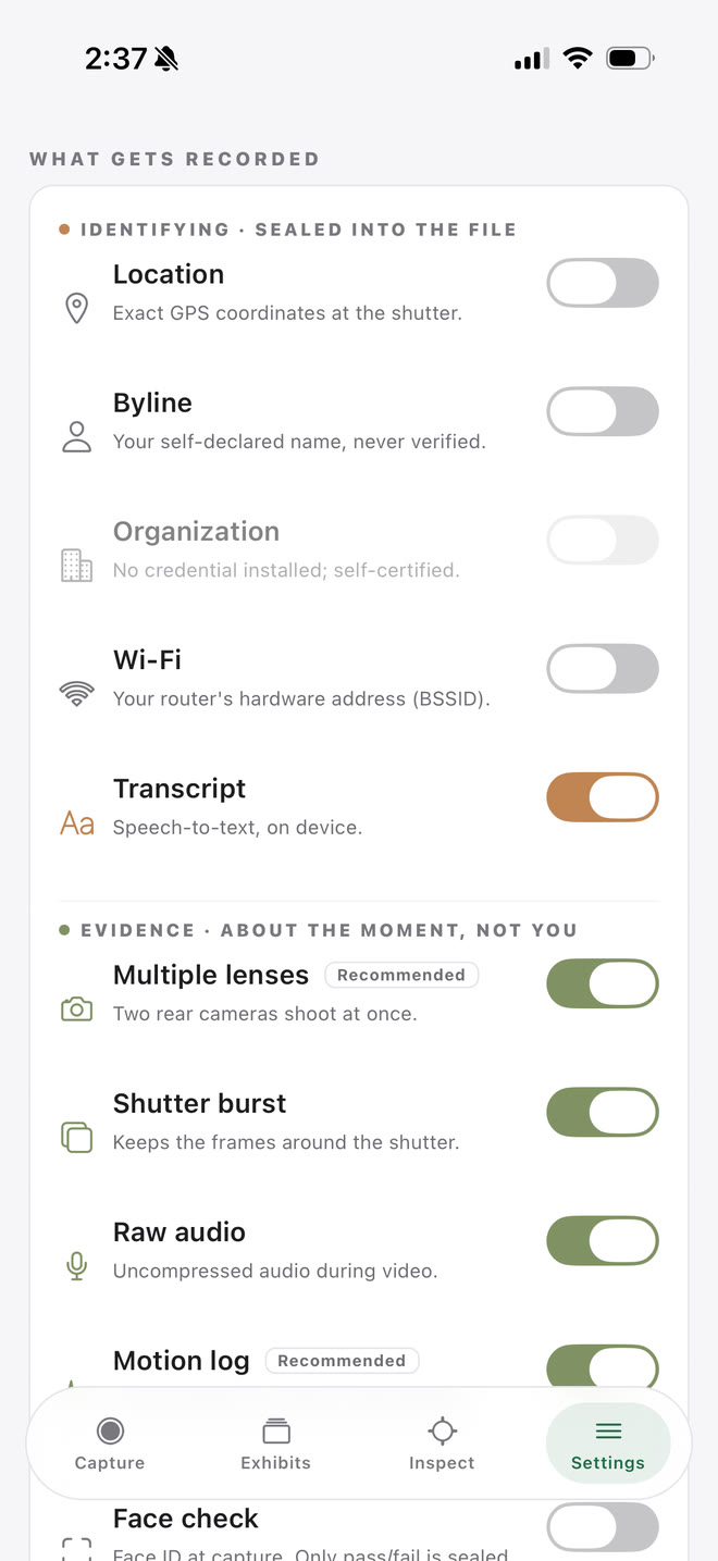 The settings screen splitting what gets recorded into two groups: identifying fields sealed into the file, and evidence about the moment rather than the photographer.