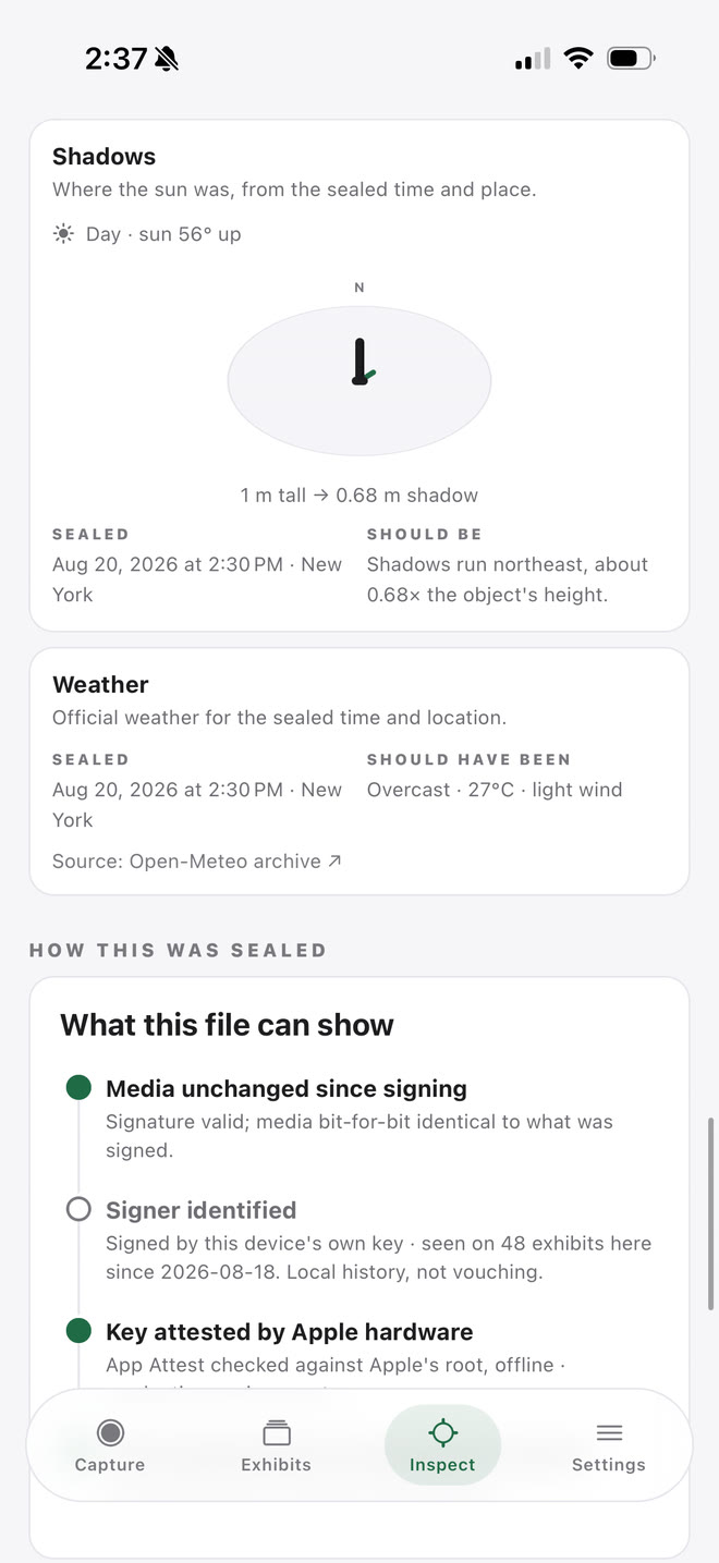 The Shadows card giving the sun at 56 degrees with shadows running northeast, and a Weather card comparing the sealed time and place against the Open-Meteo archive.